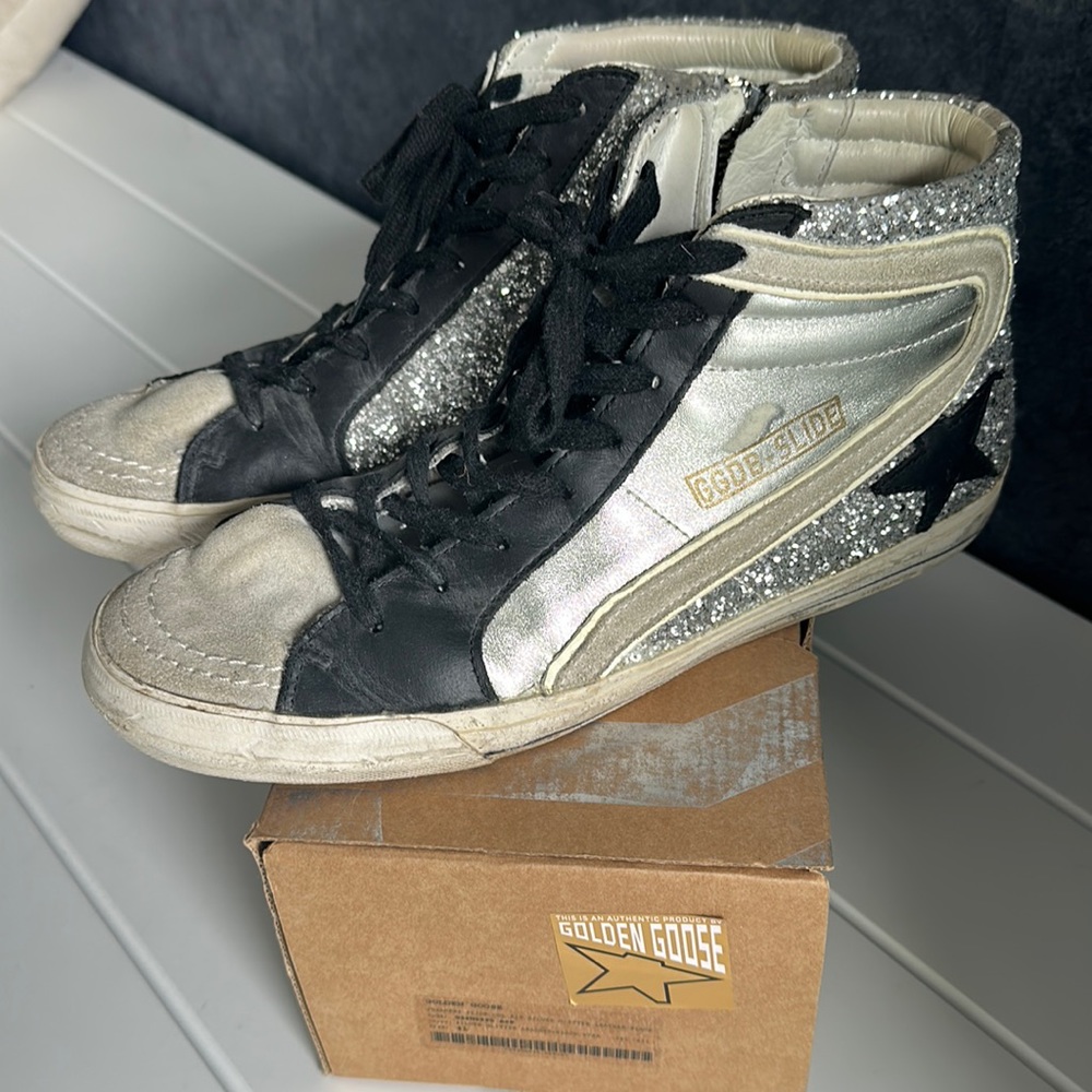 Golden Goose Glitter Leather Black Star High Top Size 41